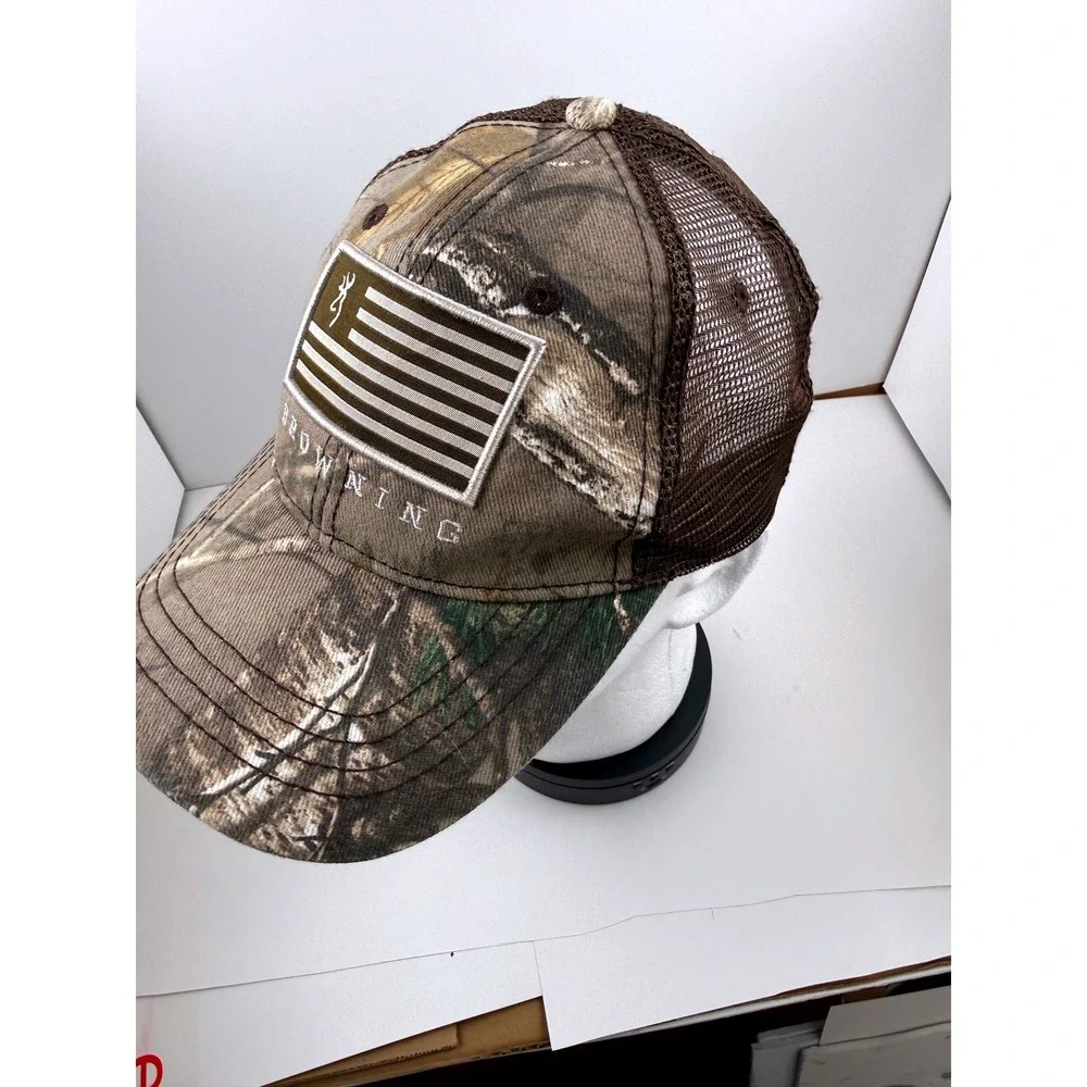 Browning Camo Trucker Hat Mens Realtree Edge American Flag Patch Snapback Cap - Picture 4 of 12